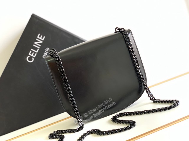 Celine專櫃2022新品TEEN BESACE TRIOMPHE鏈條亮澤牛皮革手袋 賽琳黑色全皮凱旋門馬鞍包 sldj2394